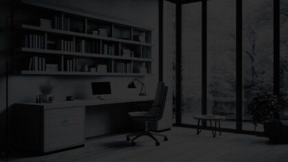 Modern office space, featuring a swivel chair, large desk unit, and modern furnishings