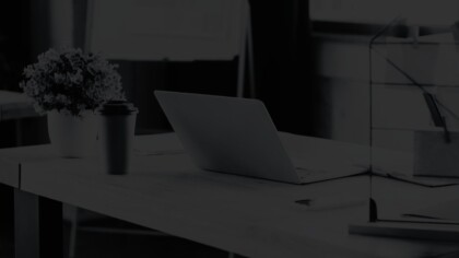 Simple desk view with a laptop, house plant, and coffee cup